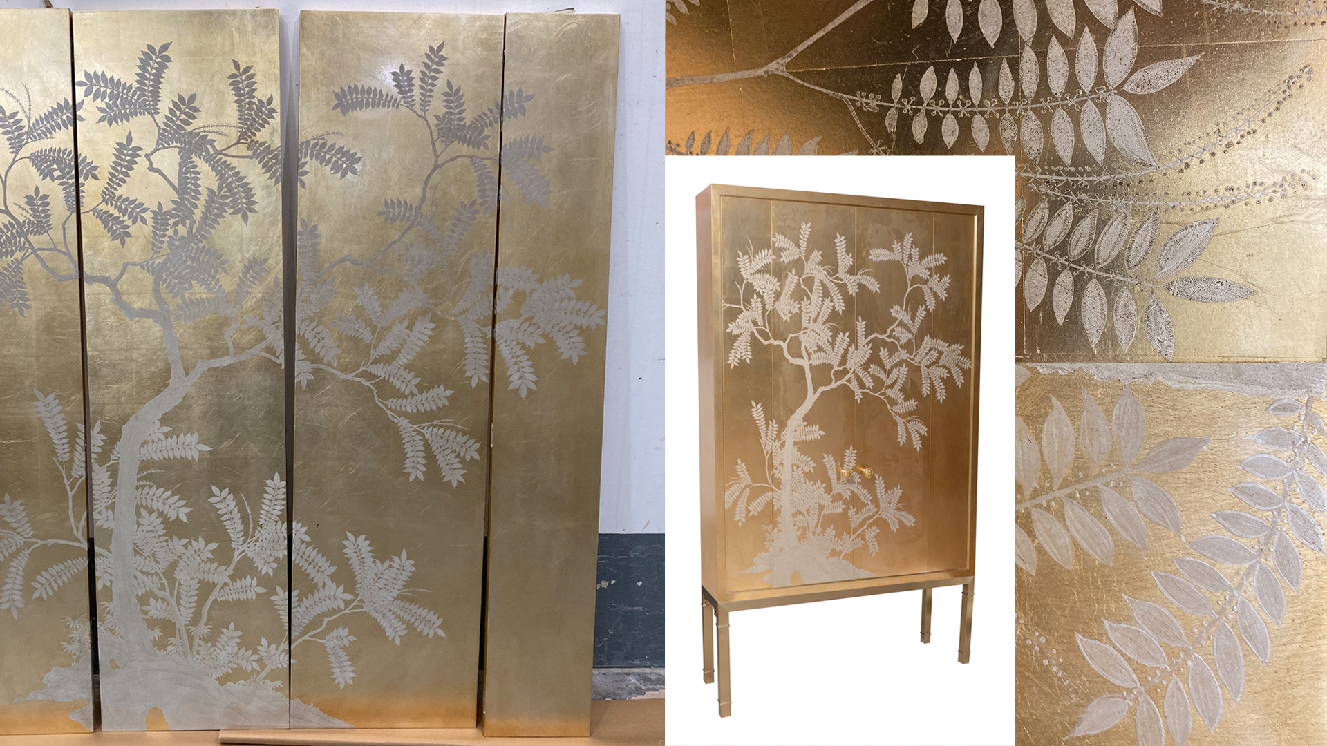 Golden leaves with white hand-painted cherry tree finishes can be seen on the hand-painted doors of the mini-bar pictured above.